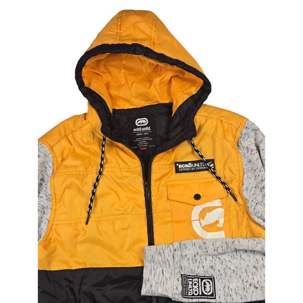 Ecko Unltd Puffer Jacket Mens M Yellow Black Grey Excellent‎ Colorblock Hooded